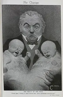 Result Prints: Caricature illustration of bewildered man holding twin political babies Radical and Tory