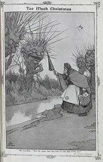 Caricature illustration, captioned Too Much Christmas, by W Heath Robinson. Showing old woman in shawl by river bank, telling off trees. With quotation, Mrs Ginabody: You old rogues, how dare you - at your time of life too