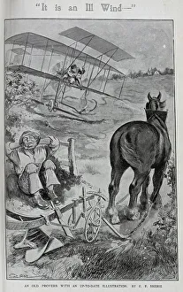 Caricature illustration of crashing plane by E F Sherie. Captioned, It is an ill wind. An old proverb with an up to date illustration'. Showing a biplane crashing in a field, whilst the farmer and cart horse take a rest