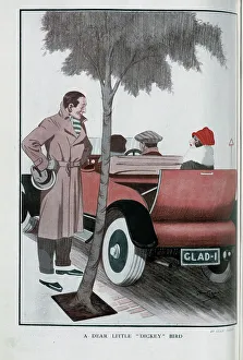 Caricature illustration, A Dear Little Dickey Bird, by Stan Terry. Showing confident man under a tree, staring at woman passenger in motor car