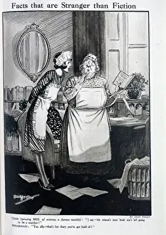 Caricature illustration of flustered Cook and assertive Housemaid, by Stan Terry. Captioned, Facts are Stranger than Fiction'. With quotations, COOK (perusing MSS of mistress)