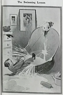 Lesson Collection: Caricature illustration by G F Studdy, of dog on leash and boy being tipped out of bath tub with