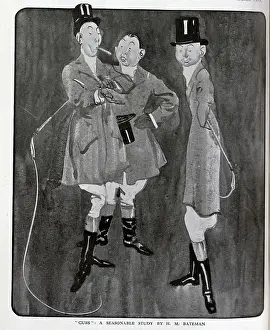 Vane Prints: Caricature illustration by H M Bateman of three foxhunting men with cigar