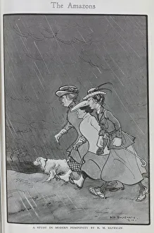 Amazons Prints: Caricature illustration by H M Bateman of three women and a dog