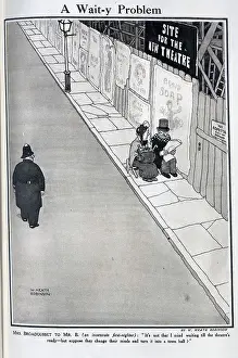 Cartoonist Prints: Caricature illustration of man and woman waiting for theatre to be built
