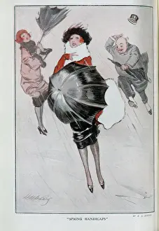 Boudoir Prints: Caricature illustration, Spring Handicaps showing two women and a man battling against wind and rain