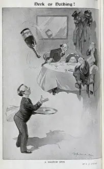 Hiding Prints: Caricature illustration of waiter juggling bottle of Bollinger