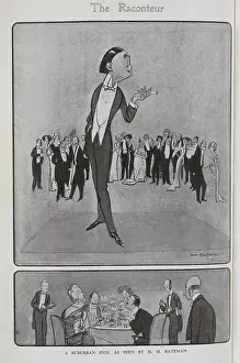 Caricature illustrations by H M Bateman of a man speaking at a party and at dinner. Captioned, The Raconteur: a suburban idol'. Henry Mayo Bateman (1887-1970)'illustrator and cartoonist