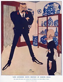 Hobby Prints: Caricature by illustrator Edmund Dulac of Kitchener looking irate because his butler has dropped a piece of blue