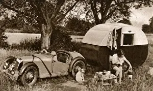 Caravans Prints: Carol Goodner, actress, outside her caravan