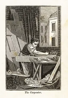 Woodwork Prints: The carpenter planing a plank of wood in a workshop