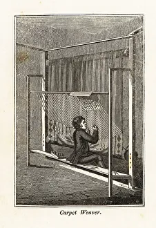 Workplace Prints: Carpet weaver knotting a rug on a frame