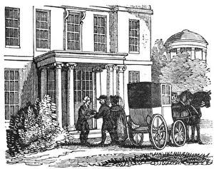 Horse Drawn Prints: Carriage in front of Georgian house, c. 1800