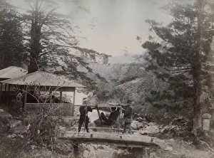 Nikko Prints: Carrying chair, kago crossing a birdge, Gamman, Nikko