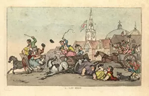 A cart race in an English town with an accident in
