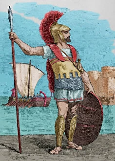 Carthage Collection: Carthaginian soldier. Engraving by Serra. Later colouration