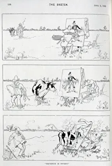 Cartoon bull, farmer, artist painting bullfighter, Rene Bull