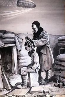 Sandbags Prints: Cartoon, Coiffure in the Trenches, WW1