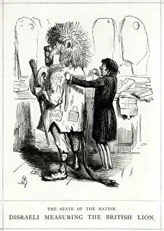 Benjamin Collection: Cartoon, Disraeli Measuring the British Lion
