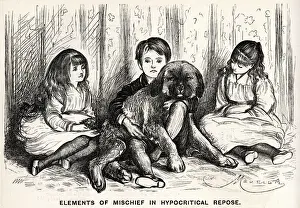 Mischief Prints: Cartoon, Elements of Mischief in Hypocritical Repose - three children and a dog