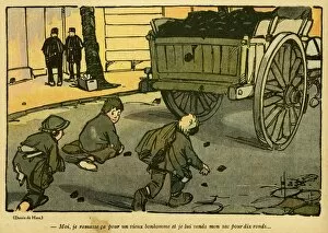 Cartoon, French boys gathering coal, WW1