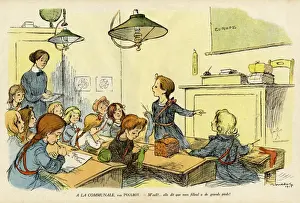 Classroom Prints: Cartoon, French classroom scene, WW1
