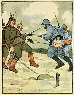 Cartoon, French and German soldiers, WW1
