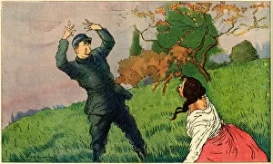 Grassy Collection: Cartoon, French soldier and girlfriend, WW1