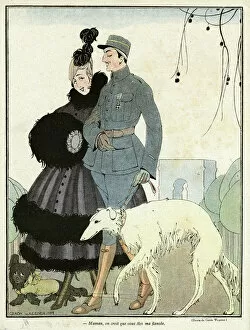 Boots Collection: Cartoon, French soldier and his mother, WW1