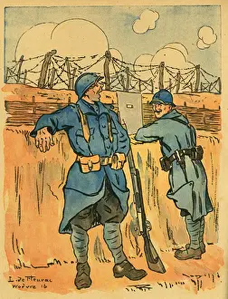 Trenches Prints: Cartoon, Two French soldiers in a trench, WW1