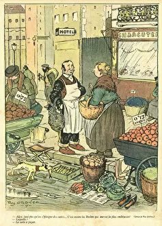 Cartoon, French street market, WW1