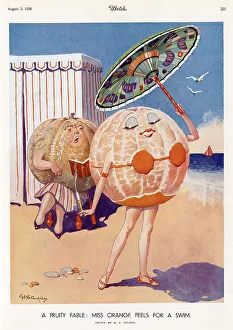 Fable Collection: Cartoon by George Studdy, part of his Fruity Fables series, showing a lady orange peeling off her
