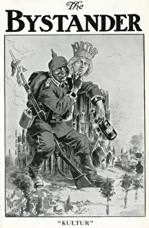 Kultur Prints: Cartoon, German soldier with mask of Culture, WW1