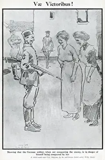 Attraction Prints: Cartoon, German soldier with two women, WW1