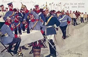 Austro Prints: Cartoon, German soldiers happy to be back, WW1