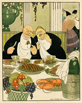 Spies Collection: Cartoon, Two German spies. Two fat men at a table laden with food agree that it'