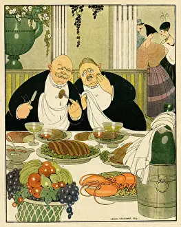 Grapes Prints: Cartoon, Two German spies. Two fat men at a table laden with food agree that it