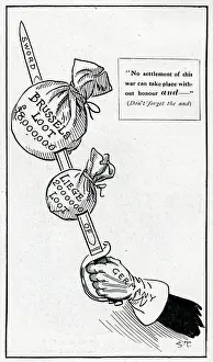 Brussels Prints: Cartoon, German sword with loot from Belgium, WW1