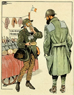 Puttees Collection: Cartoon, The good trader. A salesman of food and other items offers a French soldier