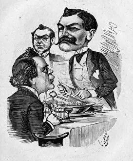 Cartoon, H J Byron and J L Toole at dinner