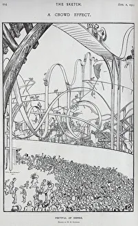 Rollercoaster Prints: Cartoon by H M Bateman, of crowds queueing, big dipper ride