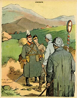 Cartoon, Hunting season. At a French border post, two German officers ask two French