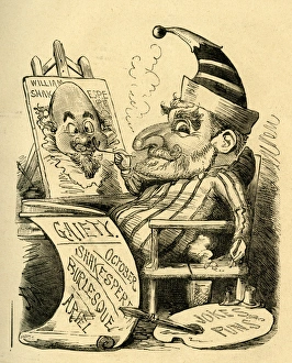 Images Dated 21st April 2017: Cartoon, Mr Punch painting a portrait of Shakespeare