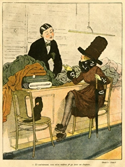 Cartoon, Parisian woman out shopping, WW1 Cartoon, Parisian woman out shopping, WW1