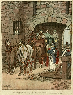 Cartoon, passport control in the old days Cartoon, passport control in the old days