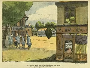 Grocers Gallery: Cartoon, Soldiers and boy in street, WW1