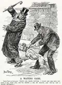 Socialism Prints: Cartoon, A Waiting Game -- the Labour Party restrains the socialist dog for the time being
