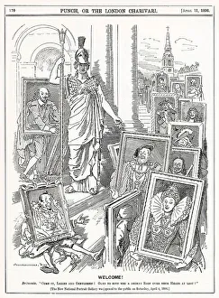 Cartoon, Welcome! Britannia: Come in, ladies and gentlemen! Glad to give you a decent roof over your heads at last!'. A comment on the opening of the National Portrait Gallery on Saturday 4 April 1896. Date: 1896