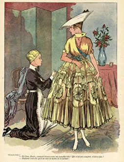Extravagant Collection: Cartoon, Woman trying on new dress, WW1