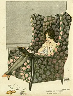 Souvenirs Prints: Cartoon, young woman reminiscing